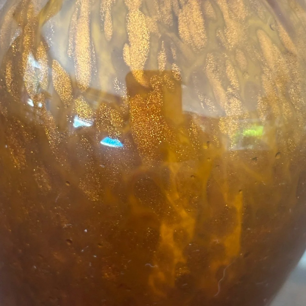 La-Tee-Da! Large Amber Glass Effusion Lamp with a Round Gold Crown.